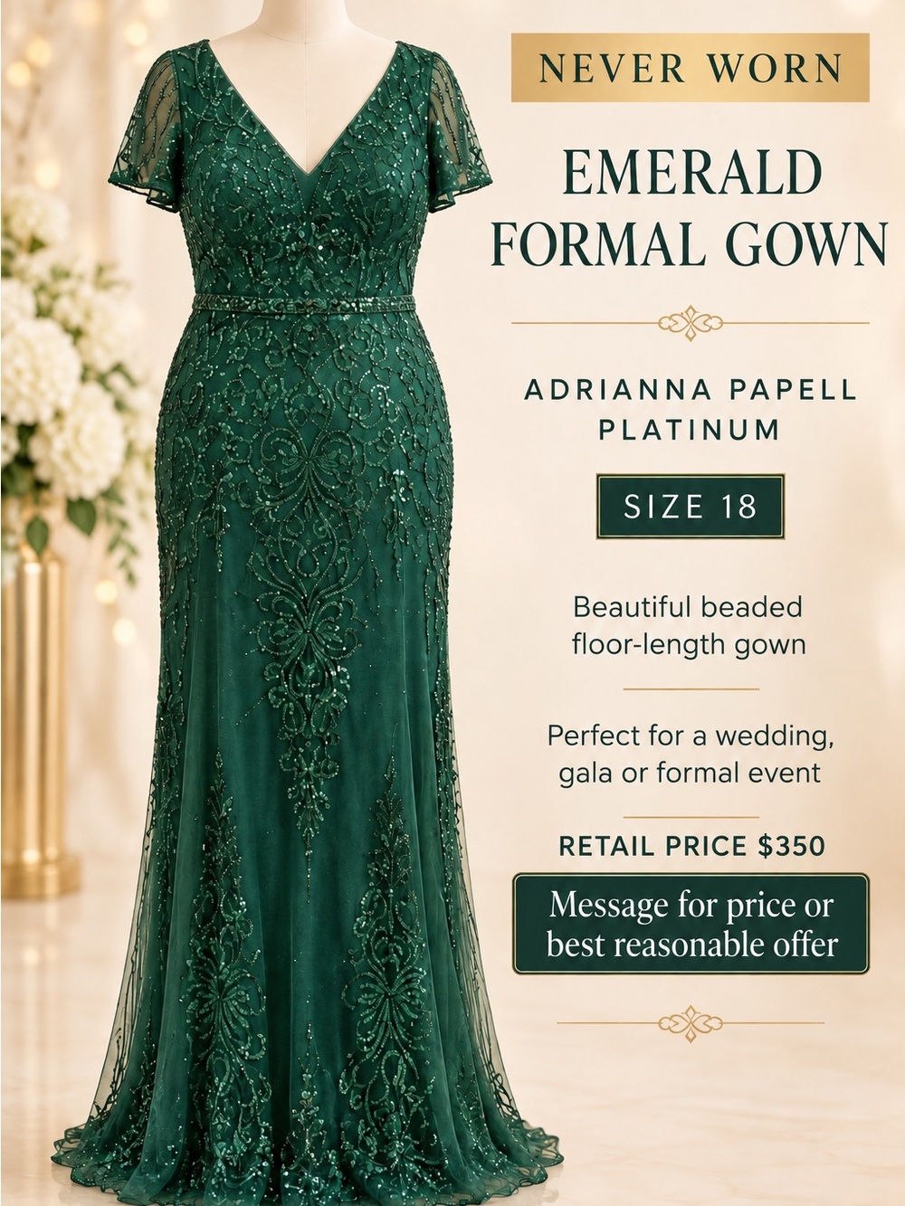 Adrianna Papell Emerald Beaded Evening Gown